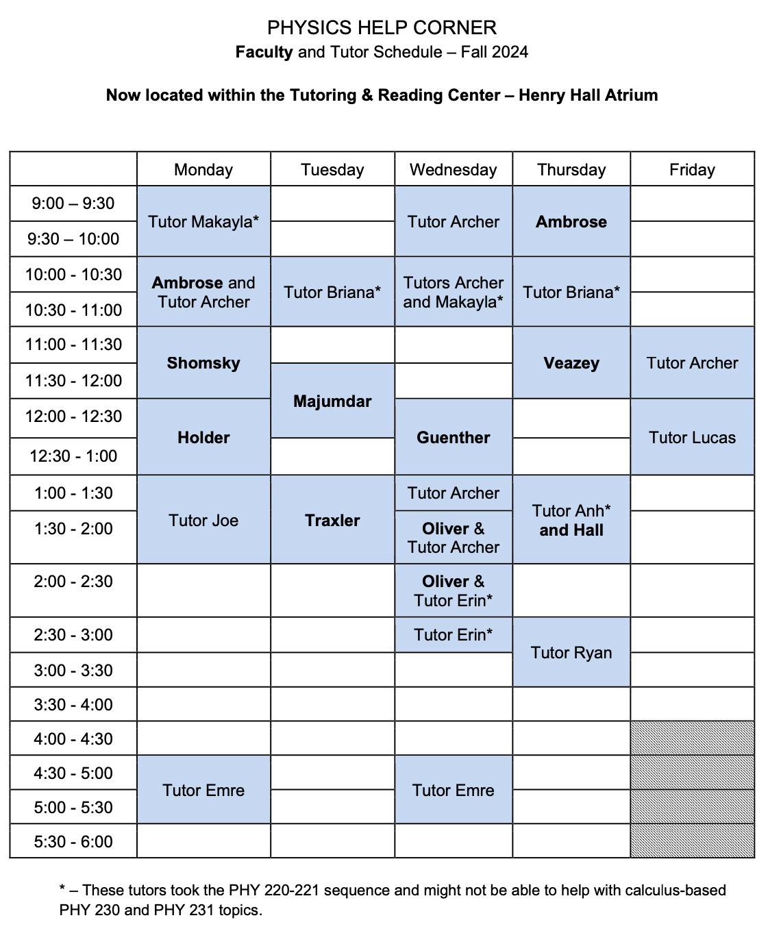 Weekly schedule for the Physics Help Corner F2024 (click to download)